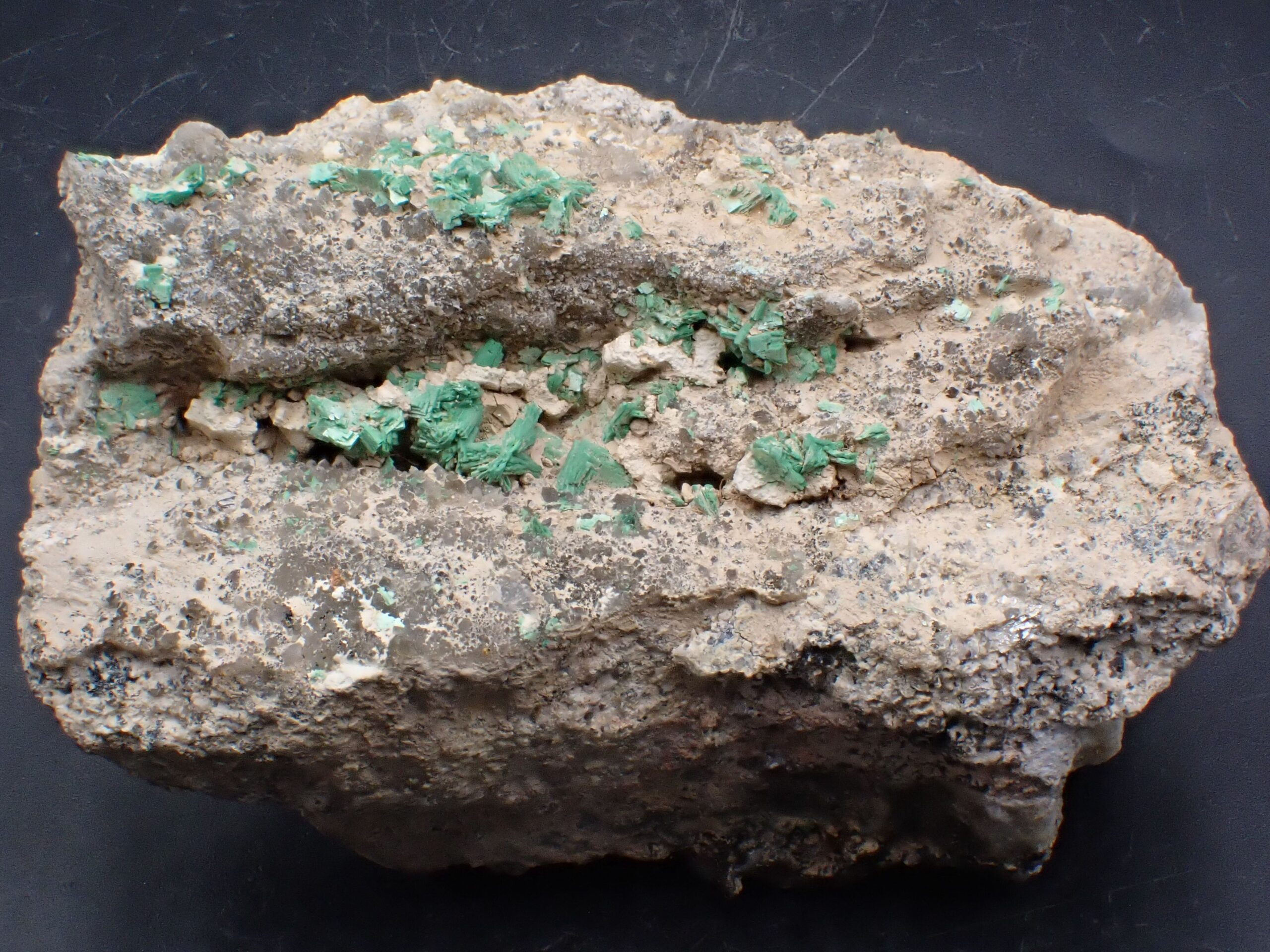 Torbernite (Radioactive , Fluorescence sous UV longs) Mine de Margabal , Entraygues-sur-Truyère , Aveyron , France . référence : torb66